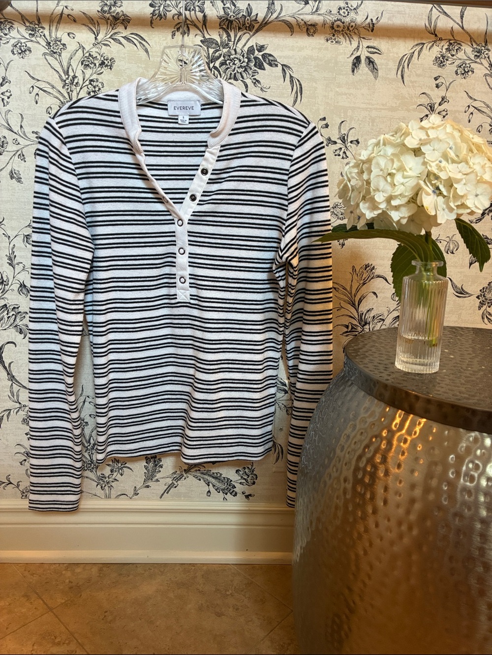 Evereve Black and White Striped Henley Long-Sleeve Top